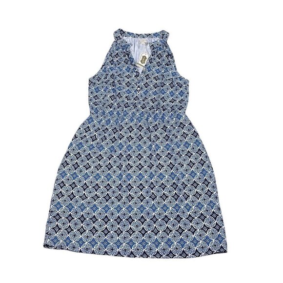 Mud Pie Blouson Dress NWT Buttons Midi Sleeveless Geometric Blue Size Large L - Picture 4 of 16